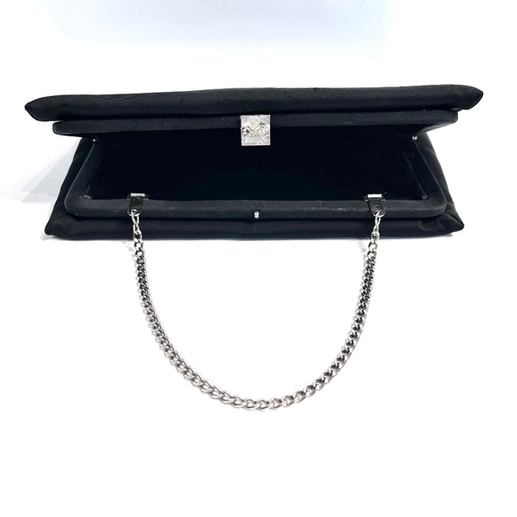 After Five Vintage Black Satin Silver Chain Purse Crystal Clasp - Picture 7 of 8